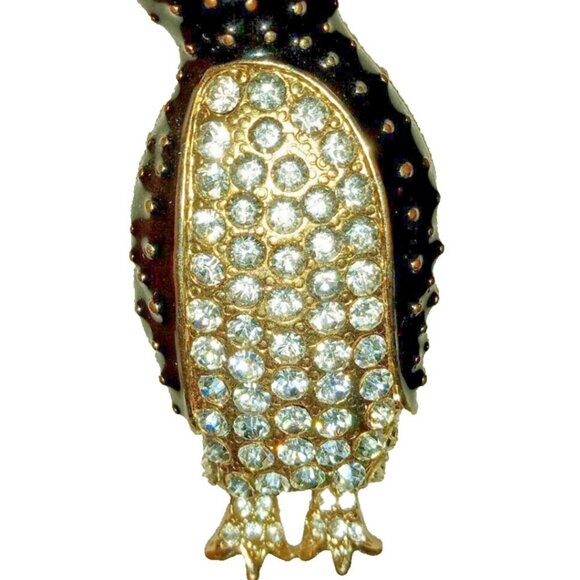 Vintage Gold Tone Black Enamel Penguin Pendant Necklace Clear Rhinestone Figural - Picture 2 of 7